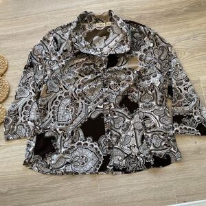 Cato Chocolate Brown & White Paisley Button Up Blouse Top Shirt Women's XL Boho